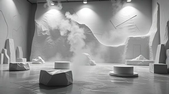 modern plasticwork, inspired, molding, photorealistic, minimalist environment, highly detailed, steam visible, cinematic, monochromatic, directional lighting, shot with a 24-70mm lens.