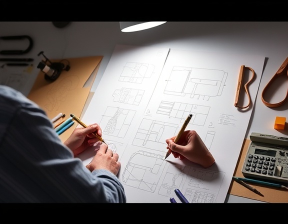 intricate plasticdesign, meticulous, sketching, photorealistic, design studio with paper drafts, highly detailed, overhead light casting shadows, 4K resolution, pastel, bright studio lighting, shot with a 35mm lens.
