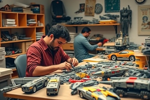 innovative plasticcraft, enthusiastic, assembling, photorealistic, cluttered workspace with models, highly detailed, scattered pieces around, crisp imaging, warm, diffuse lighting, shot with a 85mm lens.