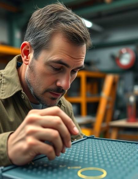 rigid UHMW plastic, focused expression, inspecting, photorealistic, industrial workshop with scattered tools, highly detailed, observing intricate patterns, smooth matte finish, bright teal, soft directional light, shot with an 85mm prime lens.