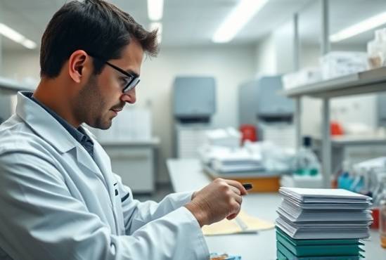 durable UHMW polyethylene, thoughtful expression, organising, photorealistic, research lab with scattered documents, highly detailed, sorting samples on a lab bench, translucent and reflective, soft gray, fluorescent lighting, shot with a 35mm wide-angle lens.