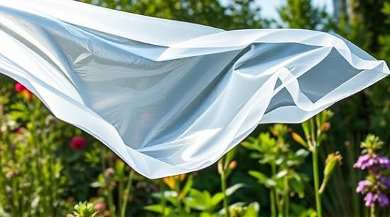 transparent polyethylene sheet, wonderment, fluttering, photorealistic, waving gently in a sunny garden, highly detailed, edges caught by the wind, ultra high definition, slight blue tint, natural sunlight, shot with a 50mm lens