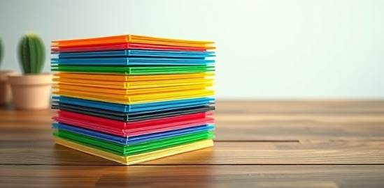 colored plastic material, intrigue, stacking, photorealistic, resting on a wooden desk, highly detailed, with varied thickness, ultra high definition, assorted colors, soft diffused lighting, shot with an 85mm lens