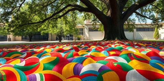 cut plastic material, curiosity, intertwining, photorealistic, spread beneath a tree's shade, highly detailed, overlapping sections, super high definition, varied colors, dappled sunlight, shot with a telephoto lens