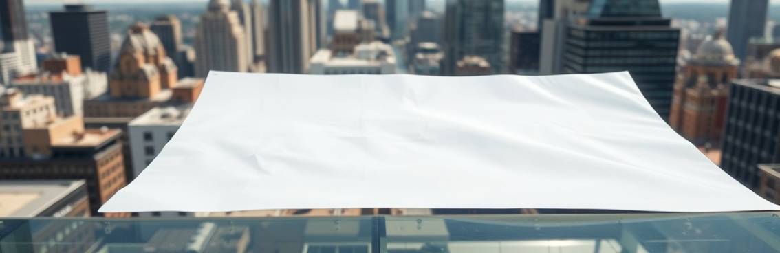 pressed polyethylene sheet, intrigue, folding, photorealistic, against a busy cityscape, highly detailed, glossy surface, 4K resolution, translucent white, midday sunlight, shot with a 135mm lens