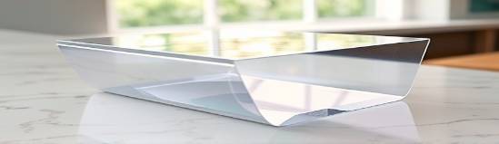 layered acrylic sheet, curiosity, unfolding, photorealistic, arranged on a marble countertop, highly detailed, fine cuts visible, ultra high definition, clear with light refraction, soft studio lighting, shot with a 70-200mm lens