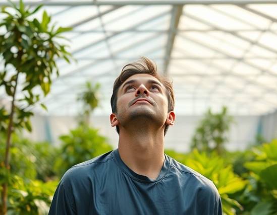 glazed polyethylene sheet, contemplation, expanding, photorealistic, in a greenhouse setting, highly detailed, shiny surface, 4K resolution, clear and glossy, natural light, shot with a 105mm lens