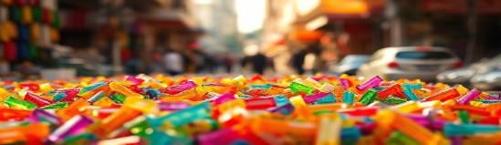 multicolored plastic material, fascination, shrinking, photorealistic, scattered at a bustling marketplace, highly detailed, vibrant fragments, 8K resolution, rainbow shades, afternoon lighting, shot with a zoom lens
