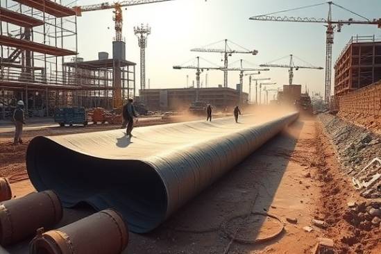 HDPE application as a construction liner, innovative, being rolled out by workers, photorealistic, construction site with scaffolding and cranes, highly detailed, dust particles in the air, high-resolution detailing, earthy browns and grays, afternoon sunlight, shot with a wide-angle lens.