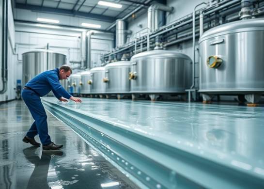 HDPE installation in a water treatment facility, precision-focused, staff positioning sheets into place, photorealistic, industrial setting with tanks and pipes, highly detailed, water droplets in motion, crisp depth of field, stainless steel sheen, bright fluorescent light, shot with a standard lens.