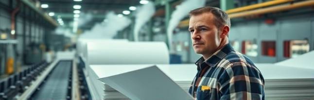 HDPE industry worker, determined expression, inspecting large HDPE sheets, photorealistic, manufacturing plant with conveyor belts and safety signs, highly detailed, steam rising gently, vivid realism, cool tones, artificial indoor lighting, shot with a medium telephoto lens.