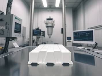 HDPE durability test, resilient, undergoing stress test in a lab, photorealistic, laboratory environment with testing machines and monitors, highly detailed, slight deformation visible, focus on material strength, neutral grays and whites, overhead LED lighting, shot with a close-up lens.