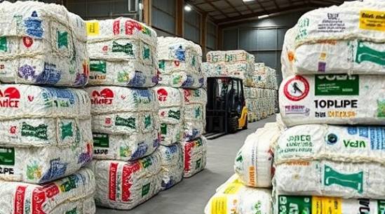recycling HDPE products, sustainable, bundles of HDPE ready for processing, photorealistic, recycling facility with bales and forklifts, highly detailed, texture of compressed materials, granular focus, pastel colors of recycled labels, workshop lighting, shot with a zoom lens.