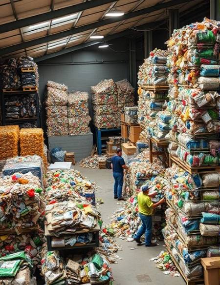 ecofriendly plastics recycling center, hopeful, sorting materials, photorealistic, stacks of recycled bales and workers, highly detailed, recycling process in action, 35mm lens, earthy tones, natural lighting, shot with a Nikon D850