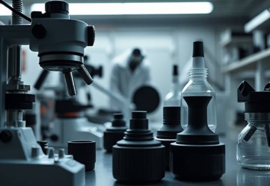 durable plastic product testing, serious, stress-testing products, photorealistic, laboratory setting with scientific equipment, highly detailed, testing elements, 85mm lens, monochrome tones, fluorescent lighting, shot with a Sony A7R IV
