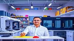 innovative plastics design lab, curious, designing prototypes, photorealistic, creative workspace with blueprints and 3D printers, highly detailed, inventive environment, 24mm lens, vibrant hues, adjustable lighting, shot with a Fujifilm X-T4