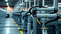 plastics manufacturing automation, efficient, operating robots, photorealistic, factory line with advanced technology, highly detailed, automated workflow, 28mm lens, industrial shades, cool lighting, shot with a Leica SL2