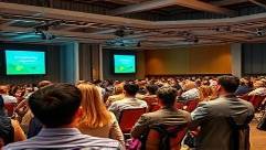 sustainable plastics innovation conference, inspired, presenting concepts, photorealistic, conference hall with engaged audience, highly detailed, exchange of ideas, 70mm lens, professional tones, spotlight lighting, shot with a Canon EOS R6