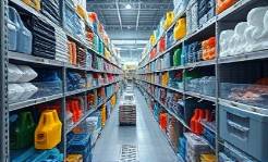 plastic inventory, organizing products, checking quality, photorealistic, aisles of shelves loaded with various plastic products, highly detailed, automated sorting machines, 8k resolution, glossy finishes, cool LED lighting, shot with a macro lens.