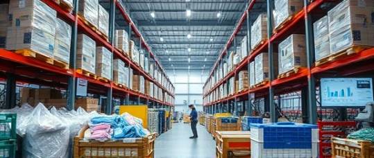 plastic warehouse, state-of-the-art facility, workers sorting materials, photorealistic, modern warehouse with robotics and conveyer systems, highly detailed, displays showing analytics, UHD 1440p, neutral colors, fluorescent lighting, shot with a wide aperture lens.