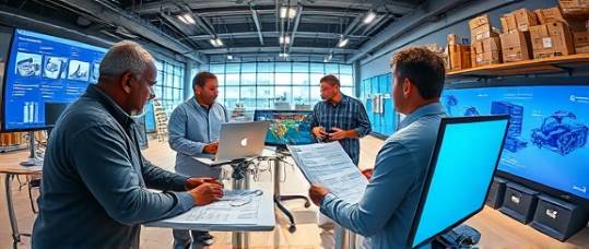 plastic supplier, consulting with engineers, planning logistics, photorealistic, contemporary office space with digital screens and 3D models, highly detailed, collaboration in progress, super high resolution, full spectrum color, natural soft lighting, shot with a fisheye lens.