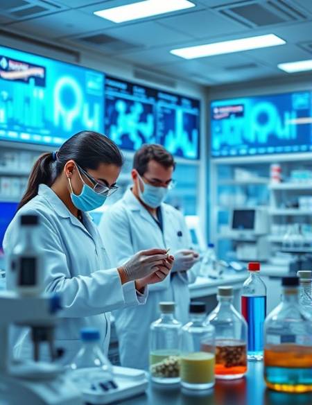 plastics innovation laboratory, scientists eagerly examining samples, experimenting with new compounds, photorealistic, bright modern interior with digital screens and lab equipment, highly detailed, data projections in background, 4k resolution, cool tones, laboratory lighting, shot with a 50mm lens.