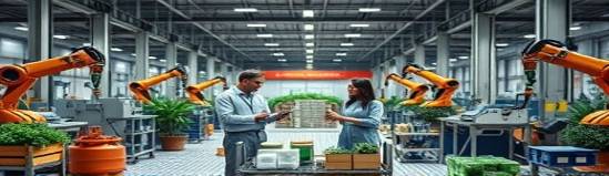 eco-friendly plastics manufacturing, team of engineers collaborating, creating sustainable materials, photorealistic, spacious industrial setting with green certification logos, highly detailed, robotic arms assembling products, 16k resolution, earthy colors, overhead light, shot with a 35mm lens.