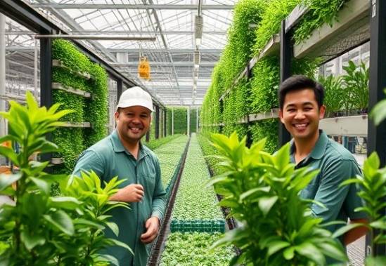 green plastics production facility, workers smiling with a sense of purpose, innovating sustainable packaging, photorealistic, eco-conscious industrial design with vertical gardens, highly detailed, efficient production lines visible, 12k resolution, natural earth tones, ambient lighting, shot with a 28mm lens.