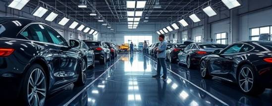 innovative automotive plastics, sleek, engineers testing material durability, photorealistic, automotive testing lab with cars and testing machines, highly detailed, dynamic displays of impact tests, high dynamic range, dark and reflective surfaces, focused spotlights, shot with a 50mm lens.