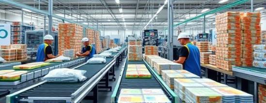 efficient packaging plastics production, meticulous, workers overseeing packaging lines, photorealistic, inside a busy factory with conveyor belts and packaged goods, highly detailed, moving belts and rotating machinery, 8K resolution, colorful packaging, bright daylight, shot with a 24mm lens.