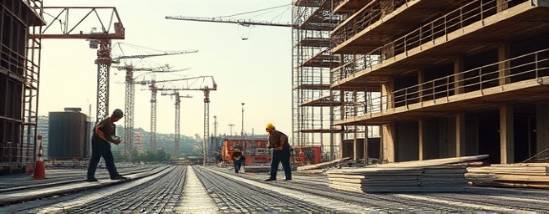 durable construction plastics, serious, builders applying materials on site, photorealistic, construction site with cranes and scaffolding in the background, highly detailed, workers in motion and materials being laid, high dynamic range, earthy tones, natural sunlight, shot with a 16mm lens.