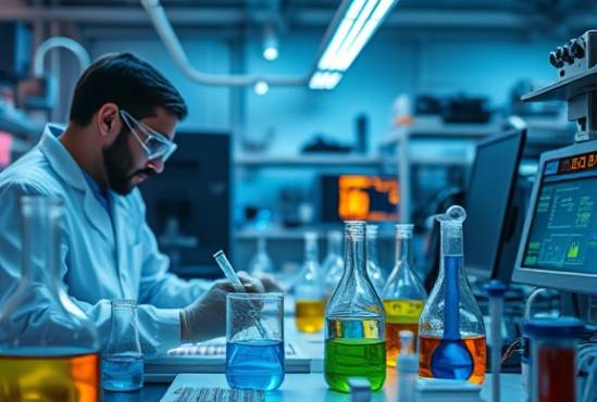 advanced electronics plastics development, concentrated, scientists mixing polymers in a lab, photorealistic, inside a high-tech laboratory with test tubes and computers, highly detailed, bubbling chemicals and digital readouts, micro-level detail, cool colors, overhead LED lighting, shot with a macro lens.