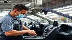 reliable automotive plastics application, keen, technicians fitting plastics to car interiors, photorealistic, inside a modern car manufacturing plant with assembly lines, highly detailed, tools in motion and dashboards being installed, high dynamic range, neutral tones, direct overhead lighting, shot with a 24-70mm lens.