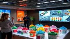 innovative packaging plastics display, inviting, marketers presenting new packaging designs, photorealistic, conference room with prototypes and digital screens, highly detailed, animated presentations and discussions, 4K resolution, vibrant packaging colors, soft ambient lighting, shot with a 85mm lens.