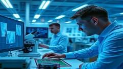 cutting-edge electronics plastics research, thoughtful, engineers reviewing circuit boards, photorealistic, inside an advanced electronics lab with microscopes and monitors, highly detailed, visualizations on screens and 3D models, high definition, blue and white tones, diffused lighting, shot with a tilt-shift lens.